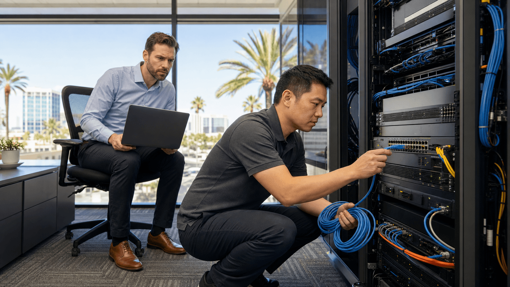 Technician in blue-lit server room checking network cables on a rack, with warning icons on a nearby monitor.